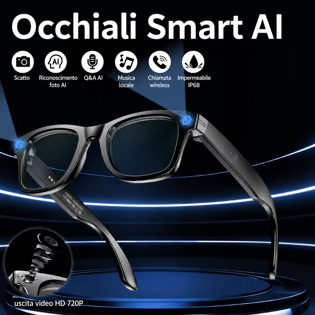Occhiali Smart AI Bluetooth — Fotocamera Integrata, Traduzione in Tempo Reale, Anti Luce Blu