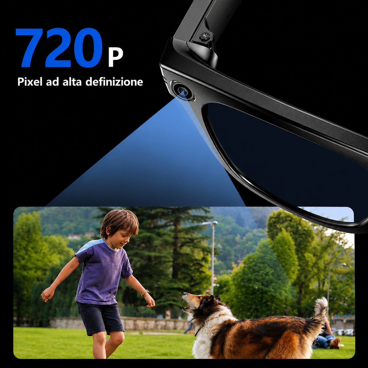 Occhiali Smart AI Bluetooth — Fotocamera Integrata, Traduzione in Tempo Reale, Anti Luce Blu