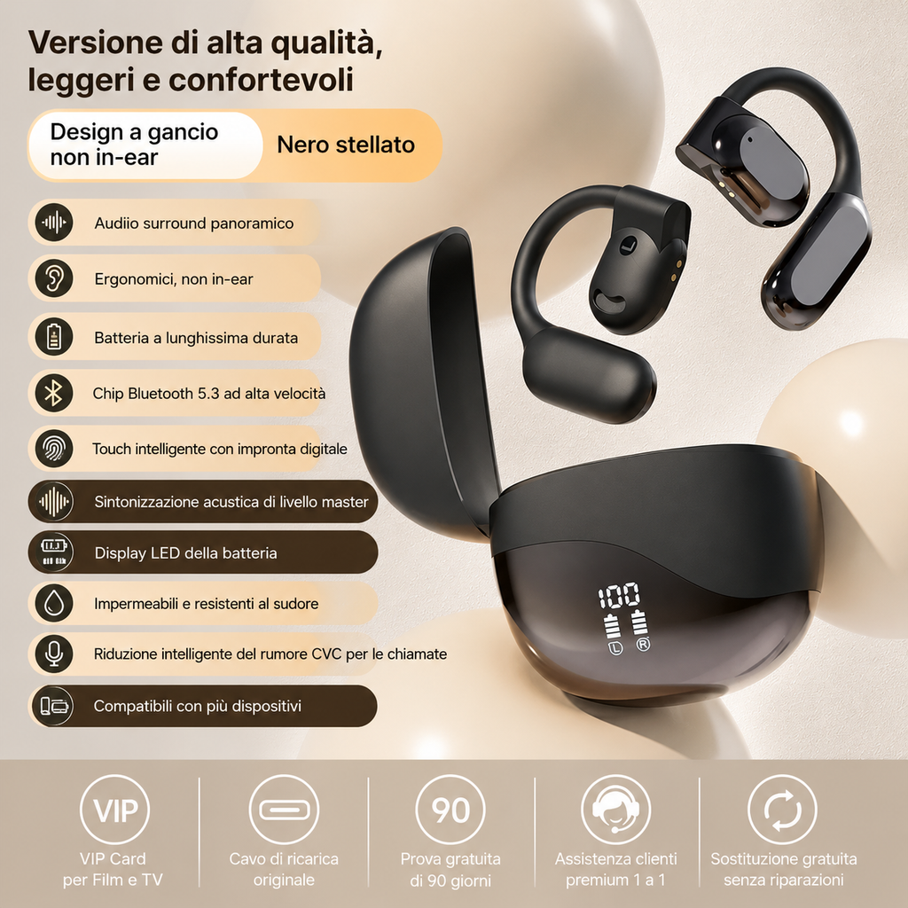Cuffie Bluetooth a Conduzione Ossea M62 — Open-Ear, 8 Ore di Autonomia, Impermeabili, Riduzione del Rumore